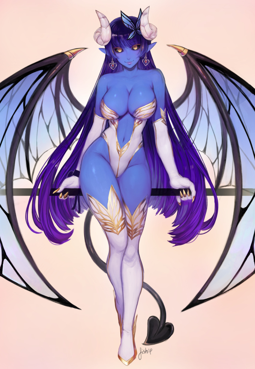 bare_shoulders black_sclera blue_hair blue_skin boots breasts butterfly_hair_ornament claws cleavage commentary commission demon_girl demon_horns demon_tail demon_wings earrings elbow_gloves english_commentary eyebrows_visible_through_hair full_body gloves gradient_hair hair_ornament heart heart_earrings highres horns jewelry large_breasts long_hair looking_at_viewer matilda_vin multicolored_hair navel original pointy_ears purple_hair signature simple_background smile solo tail thigh_boots thighhighs thighs very_long_hair white_footwear white_gloves wings yellow_eyes