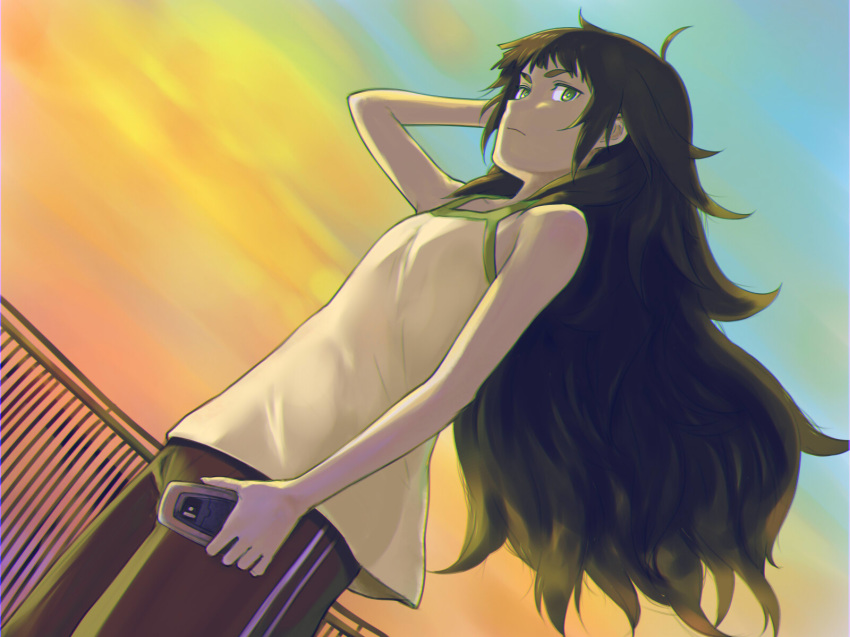 black_hair breasts cellphone dutch_angle expressionless green_eyes highres hiyajou_maho long_hair looking_at_viewer menomorute phone railing shorts sleeveless small_breasts solo steins;gate steins;gate_0 sunset tank_top thick_eyebrows