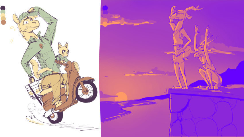 2018 antelope anthro barefoot bucky_oryx-antlerson clothed clothing disney eyewear fan_character glasses group hat horn ittybittykittytittys kudu male mammal midriff moped multiple_images oryx outside pizza_box pizzacat_(zhan) pizzacolt pronk_oryx-antlerson riding sunset vehicle zootopia