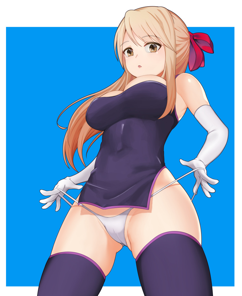 :o absurdres ass_visible_through_thighs bare_shoulders black_dress blonde_hair bow breasts brown_eyes cameltoe china_dress chinese_clothes covered_navel dress elbow_gloves eyebrows_visible_through_hair gloves hair_bow highres hikaru_ga_chikyuu_ni_itakoro hpb8642 large_breasts long_hair looking_at_viewer microdress panties panty_pull red_bow shikibu_honoka skindentation skirt solo thighhighs underwear white_gloves white_panties