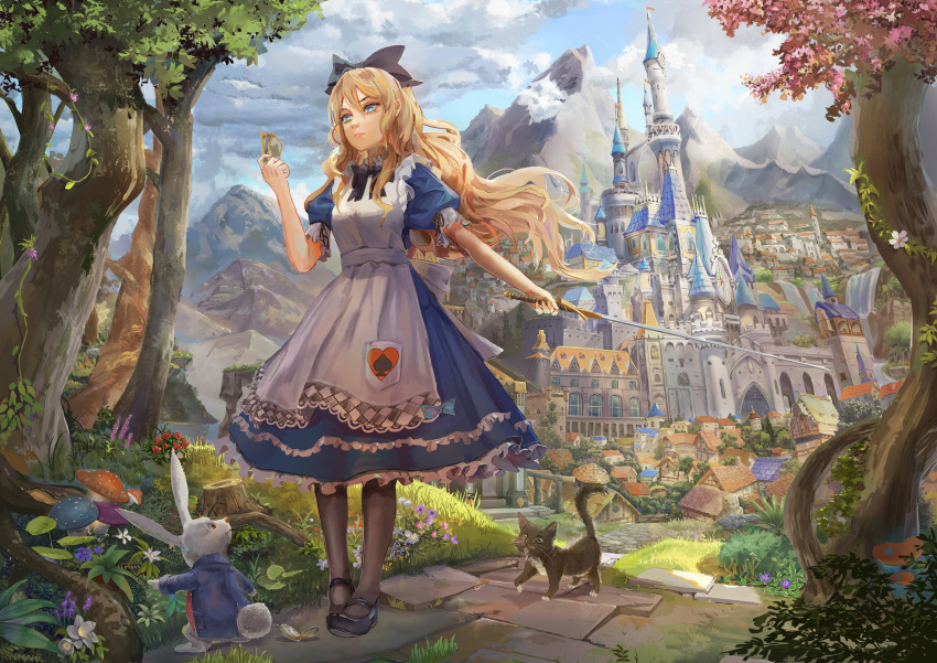 alice_(wonderland) alice_in_wonderland apron black_bow black_cat blonde_hair blue_dress blue_eyes blue_sky bow card castle cat closed_mouth cloud cloudy_sky commentary_request day dress flower grass hair_bow highres holding holding_sword holding_weapon long_hair mushroom original outdoors path puffy_short_sleeves puffy_sleeves rayxray road short_sleeves sky solo sword tree tree_stump weapon white_apron white_rabbit