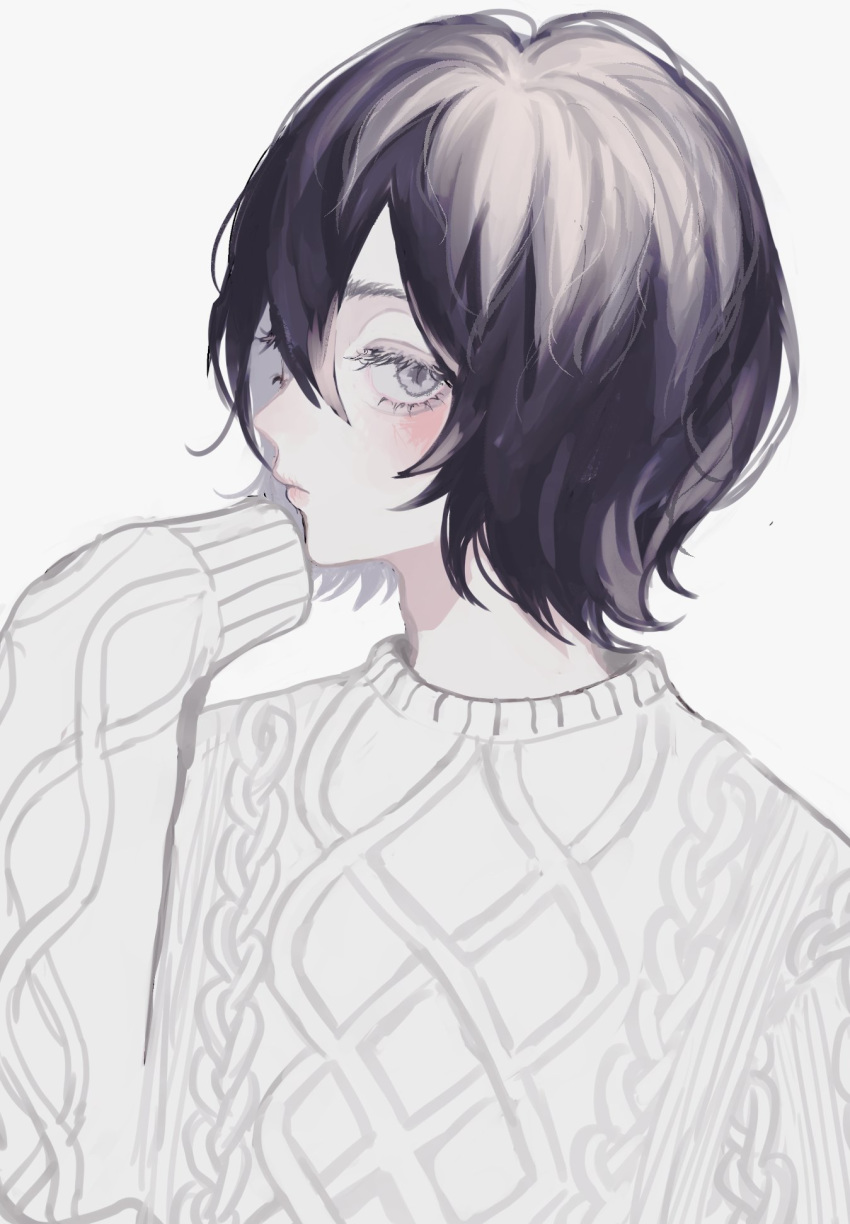 arm_up bangs black_hair closed_mouth grey_background grey_eyes grey_sweater hair_between_eyes highres lips long_sleeves looking_at_viewer original p2_(uxjzz) profile short_hair simple_background sleeves_past_fingers sleeves_past_wrists solo sweater