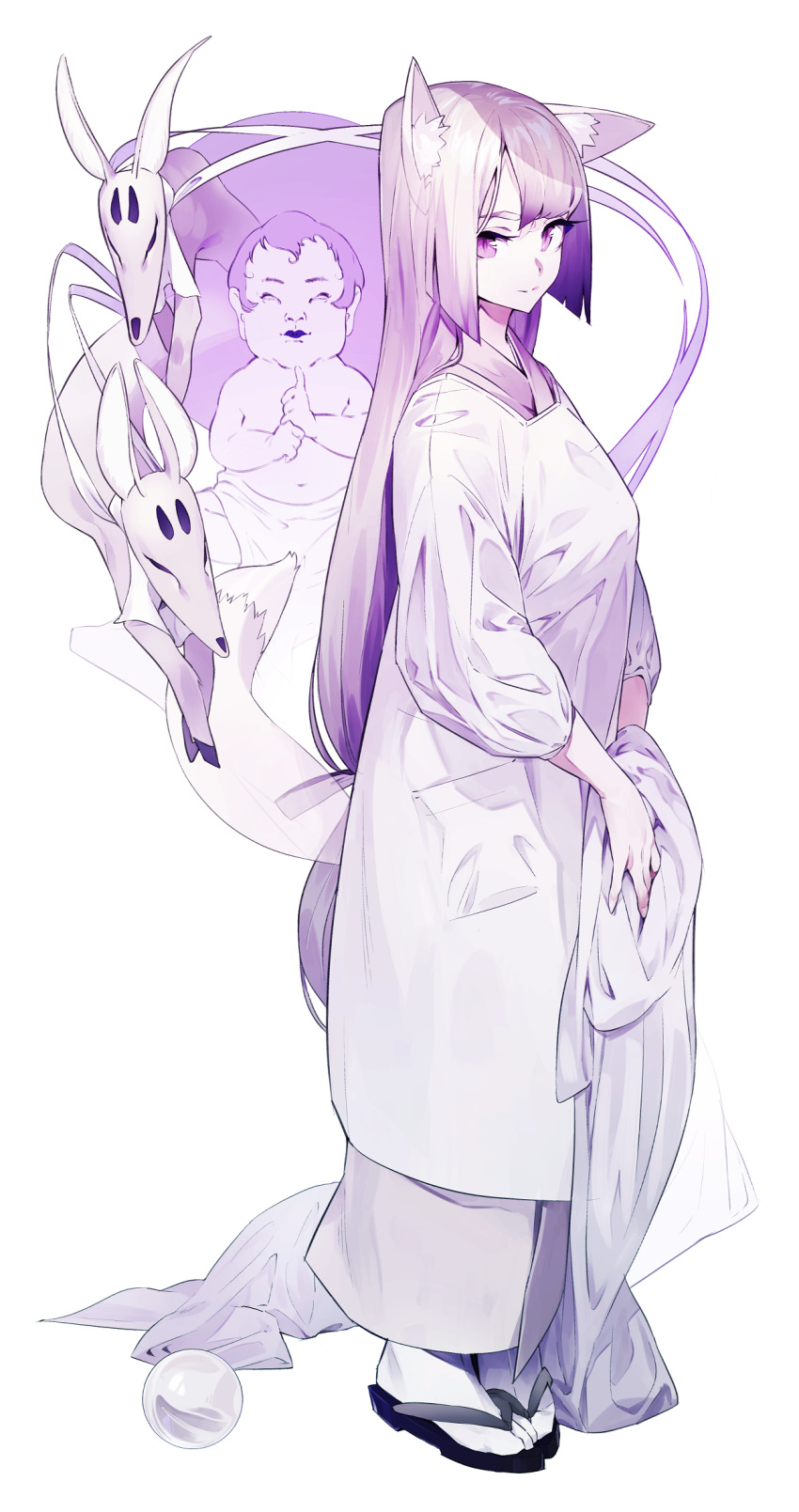 animal_ears apron closed_mouth commentary_request fox_ears fox_mask from_side full_body highres holding japanese_clothes kamameshi_gougoumaru kimono long_hair long_sleeves looking_at_viewer mask monochrome original purple purple_eyes sandals simple_background slit_pupils smile solo standing tabi very_long_hair white_background white_legwear