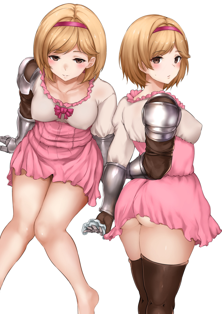 absurdres arm_support ass bad_revision breasts brown_eyes brown_legwear collarbone commentary covered_nipples djeeta_(granblue_fantasy) downscaled_revision gauntlets granblue_fantasy hairband high-waist_skirt highres jirusu knees_together_feet_apart light_brown_hair md5_mismatch medium_breasts multiple_views no_bra pink_skirt red_hairband shirt short_hair short_sleeves simple_background sitting skirt standing thighhighs white_background white_shirt