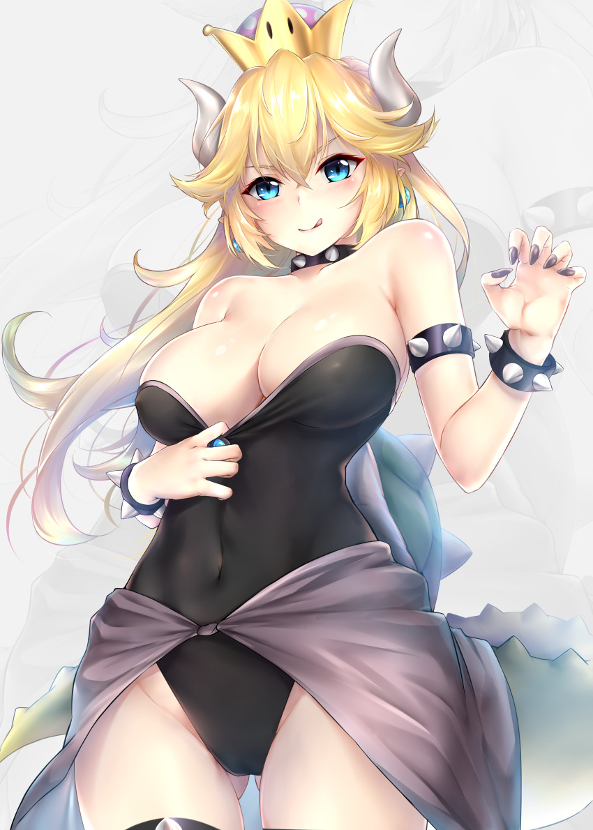 :q absurdres armlet ass_visible_through_thighs bangs bare_shoulders black_choker black_collar black_leotard black_nails black_skirt blonde_hair blue_earrings blue_eyes blush bowsette bracelet breasts choker claw_pose cleavage cleavage_reach closed_mouth collar collarbone covered_navel covered_nipples cowboy_shot crown dress earrings emerald fingernails groin hair_between_eyes hand_up highleg highleg_leotard highres hips horns huge_filesize jewelry large_breasts leotard leotard_pull leotard_under_clothes lizard_tail long_hair looking_at_viewer mario_(series) nail_polish new_super_mario_bros._u_deluxe paid_reward patreon_reward pointy_ears rei_kun sharp_fingernails shiny shiny_skin showgirl_skirt sidelocks skirt slit_pupils solo spiked_armlet spiked_bracelet spiked_choker spiked_collar spiked_shell spiked_tail spiked_thighlet spikes standing standing_on_one_leg strapless strapless_dress strapless_leotard super_crown tail thighlet tongue tongue_out turtle_shell