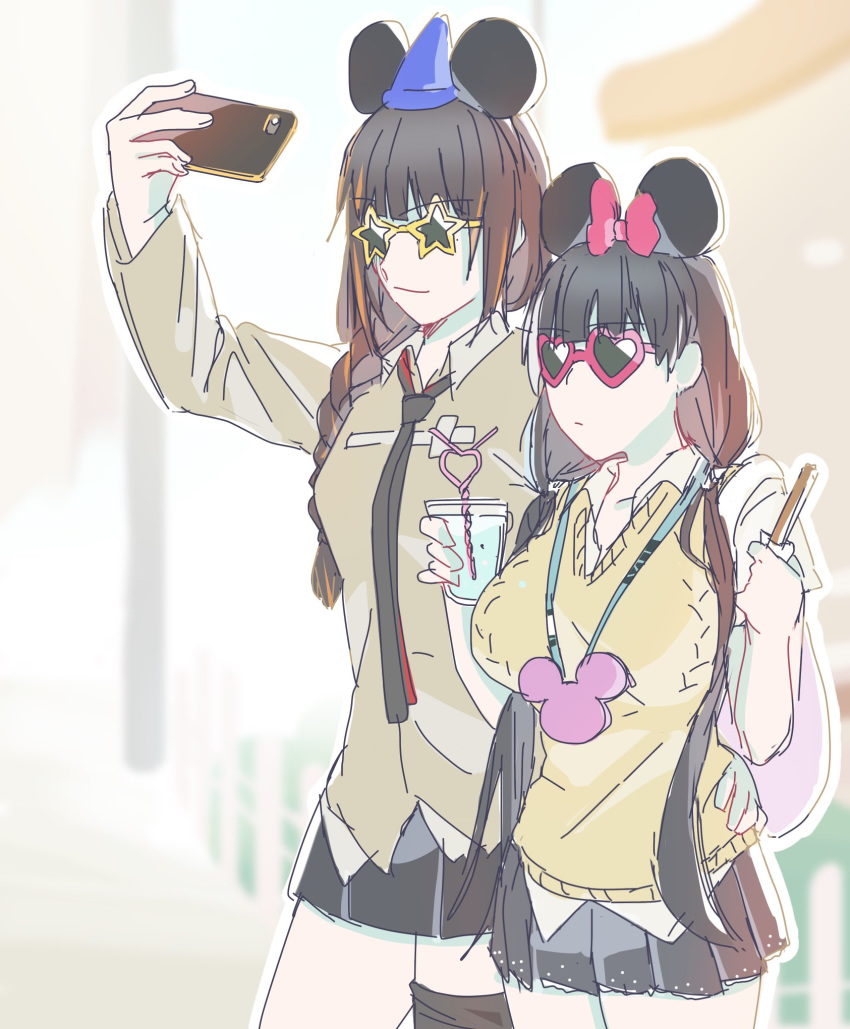 breasts cellphone chocolate_bar commentary_request dating disneyland drinking_straw girls_frontline hands_on_another's_hips hat highres m16a1_(girls_frontline) medium_breasts mickey_mouse_ears multiple_girls necktie phone pose ro635_(girls_frontline) self_shot shake_(hungrycurry55) sunglasses v yuri