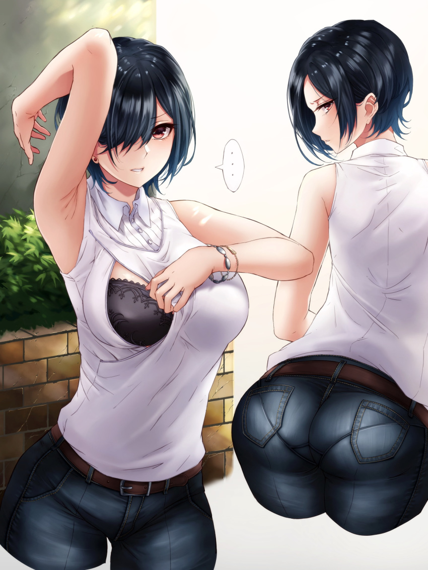 1girl arched_back arm_up armpits ass bare_arms belt black_bra black_hair bra bracelet brick_wall brown_belt buttons commentary_request cropped_legs denim earrings flashing hair_over_one_eye highres hikari_(komitiookami) jewelry looking_at_viewer multiple_views nursing_clothes original pants pantylines profile red_eyes short_hair sleeveless spoken_ellipsis stud_earrings sweater underwear white_background wing_collar