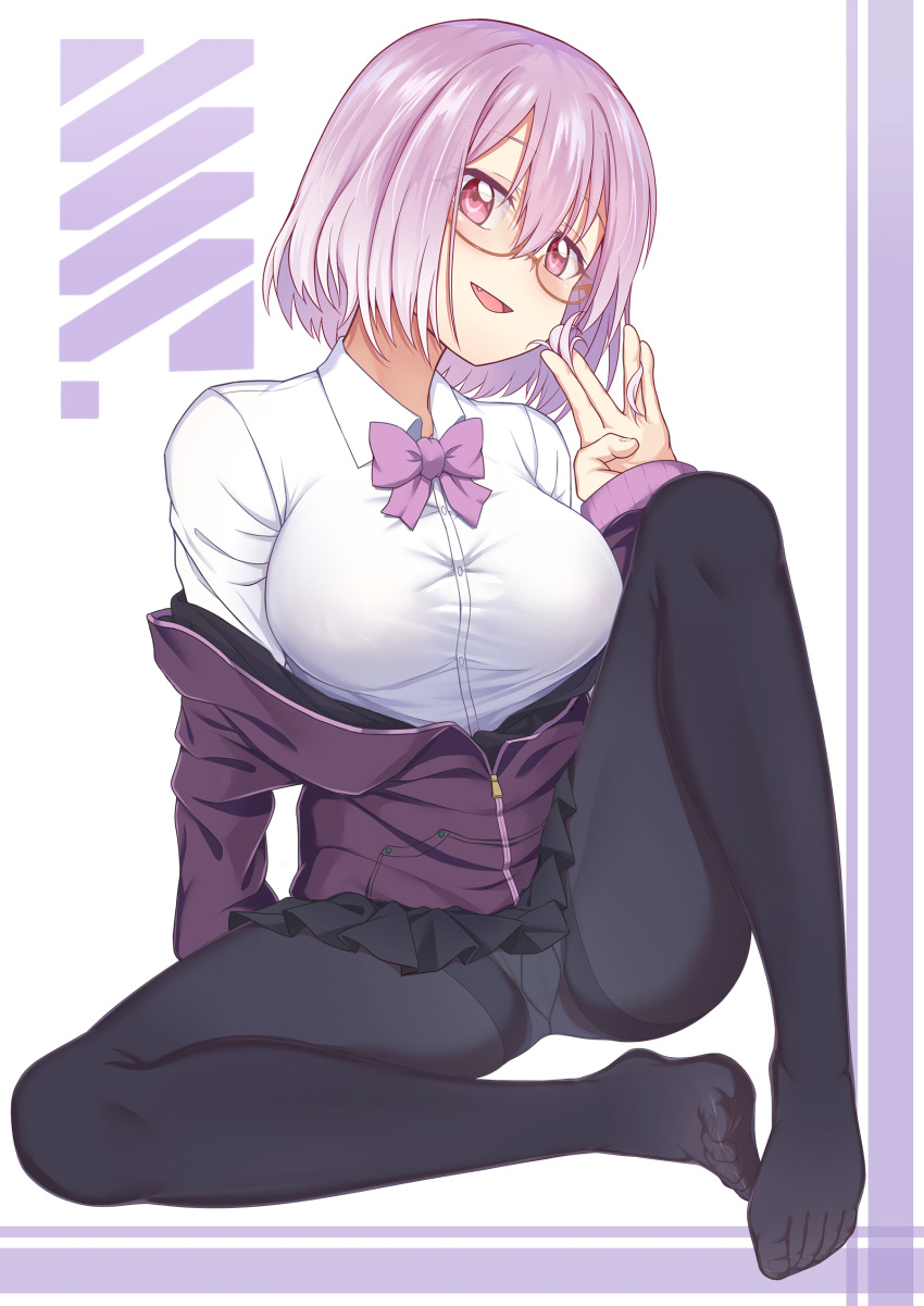 absurdres black_legwear black_skirt bow bowtie breasts caibao fang feet glasses gusset highres large_breasts lavender_hair long_sleeves looking_at_viewer open_mouth orange-framed_eyewear panties panties_under_pantyhose pantyhose pink_eyes purple_neckwear semi-rimless_eyewear shinjou_akane shirt short_hair sitting skirt smile solo ssss.gridman under-rim_eyewear underwear white_shirt