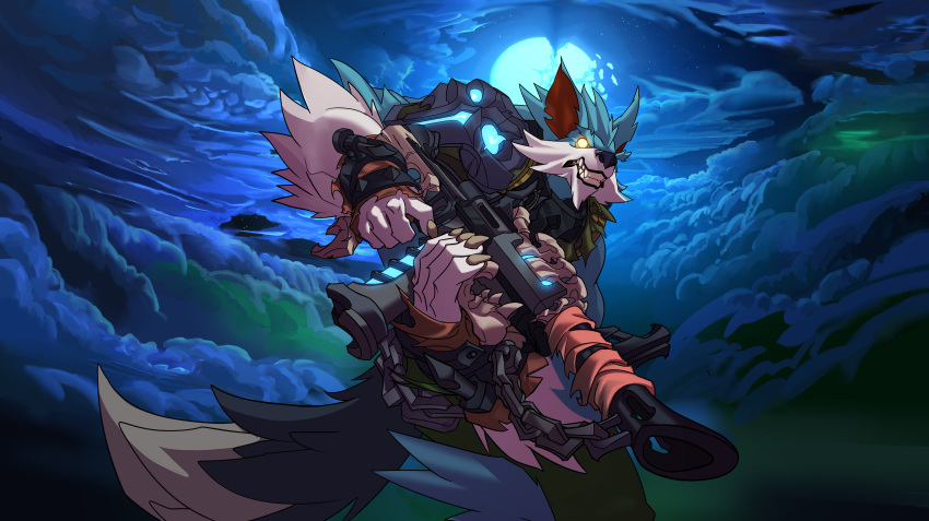 blue_fur canine claws clothed clothing cloud fur male mammal moon multicolored_fur night official_art paladins ranged_weapon teeth two_tone_fur video_games viktor_(paladins) weapon were werewolf white_fur yellow_eyes