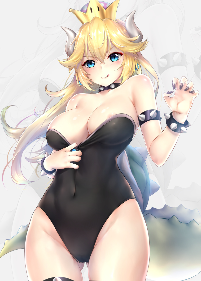 :q absurdres areola_slip areolae armlet ass_visible_through_thighs bangs bare_shoulders black_choker black_collar black_leotard black_nails blonde_hair blue_earrings blue_eyes blush bowsette bracelet breasts choker claw_pose cleavage cleavage_reach closed_mouth collar collarbone covered_navel covered_nipples cowboy_shot crown dress earrings emerald fingernails groin hair_between_eyes hand_up highleg highleg_leotard highres hips horns huge_filesize jewelry large_breasts leotard leotard_pull lizard_tail long_hair looking_at_viewer mario_(series) nail_polish new_super_mario_bros._u_deluxe paid_reward patreon_reward pointy_ears rei_kun sharp_fingernails shiny shiny_skin sidelocks slit_pupils solo spiked_armlet spiked_bracelet spiked_choker spiked_collar spiked_shell spiked_tail spiked_thighlet spikes standing standing_on_one_leg strapless strapless_dress strapless_leotard super_crown tail thighlet tongue tongue_out turtle_shell