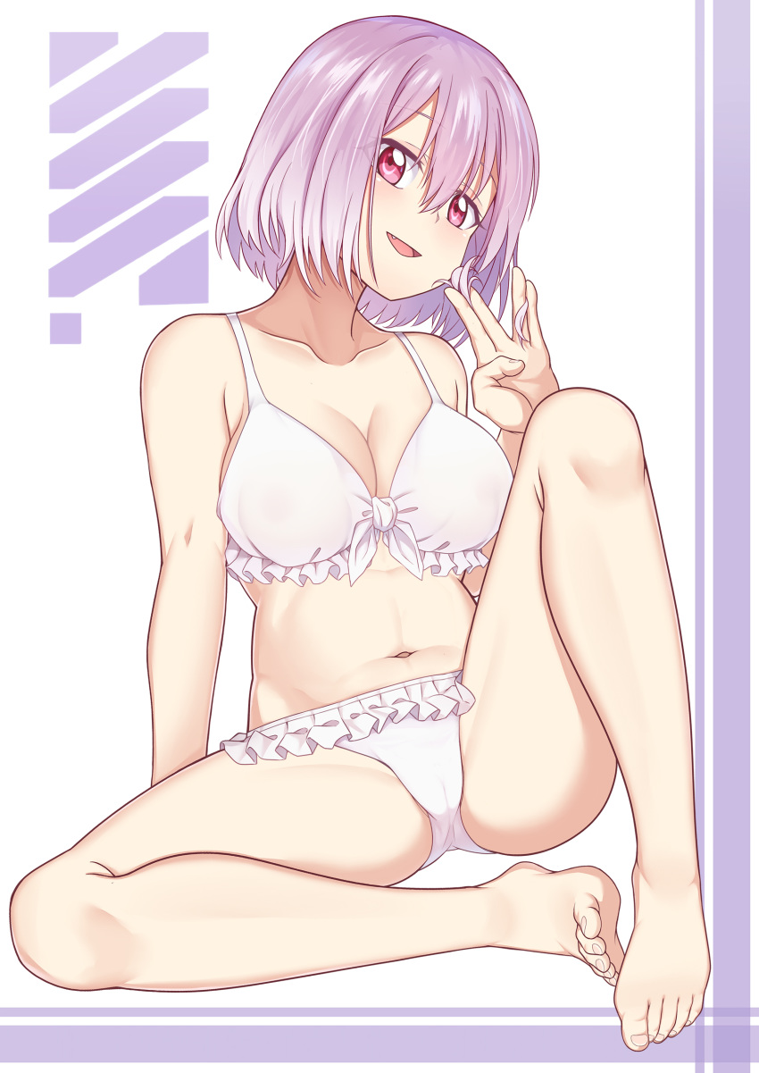 absurdres barefoot bikini breasts caibao fang feet frilled_bikini frills highres large_breasts lavender_hair looking_at_viewer navel open_mouth pink_eyes shinjou_akane short_hair sitting smile solo ssss.gridman swimsuit white_bikini