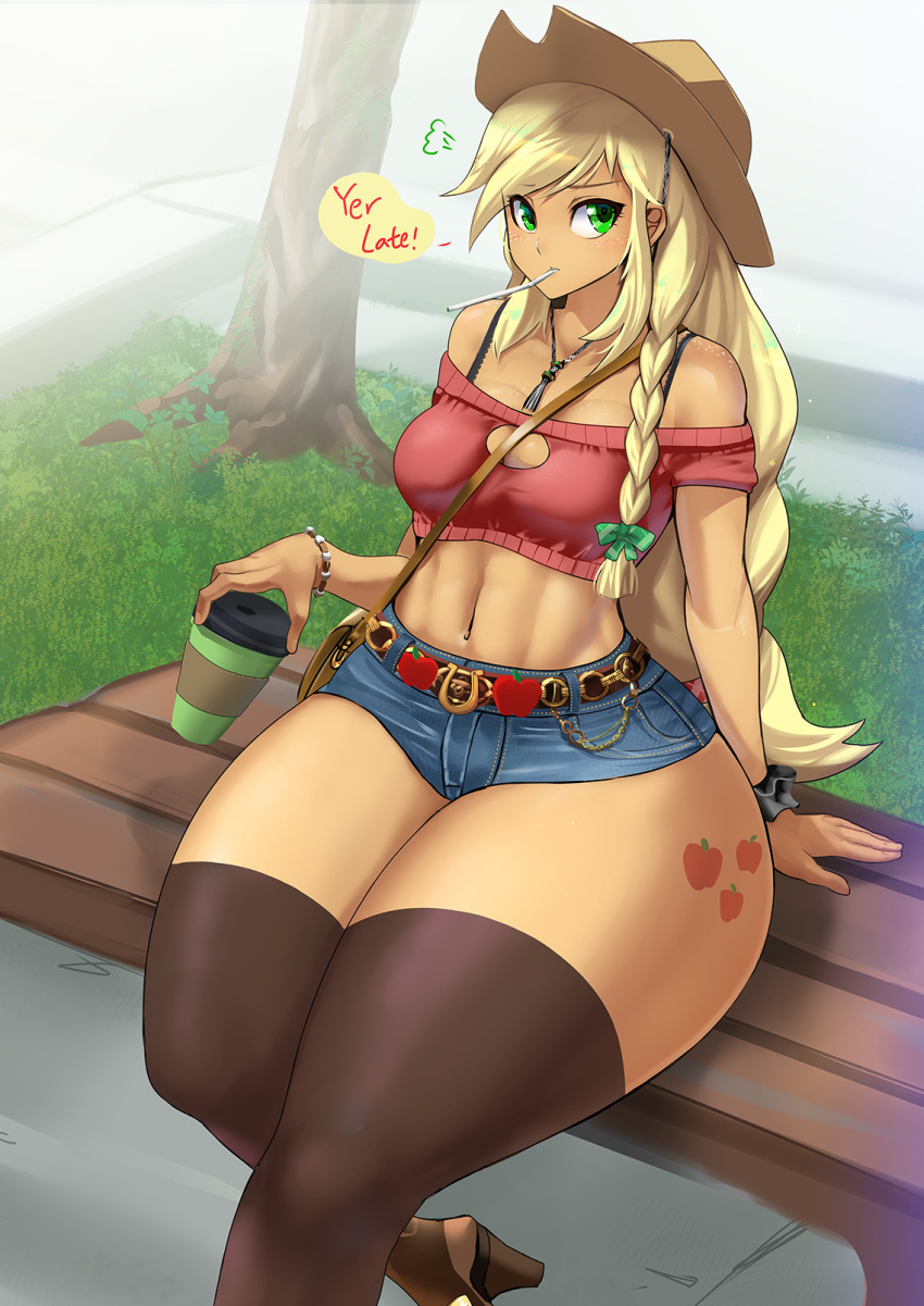 1girl applejack bench blonde_hair bracelet braid brown_legwear cleavage_cutout closed_mouth cowboy_hat crop_top denim denim_shorts grass green_eyes hat high_heels jewelry long_hair midriff my_little_pony my_little_pony_equestria_girls navel orange_skin outdoors park_bench senria short_shorts shorts sitting solo strapless thick_thighs thighhighs thighs tree wide_hips