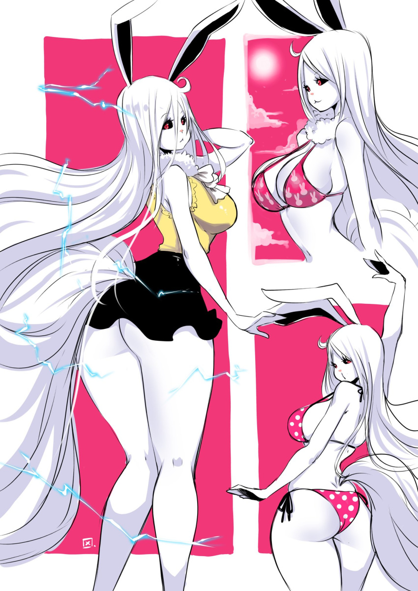 2018 big_breasts bikini breasts butt carrot_(one_piece) clothed clothing digital_media_(artwork) electricity eyelashes female fur hair kenron_toqueen lagomorph mammal minkmen_(one_piece) one_piece pose rabbit red_eyes simple_background skirt solo standing swimsuit two_piece white_fur