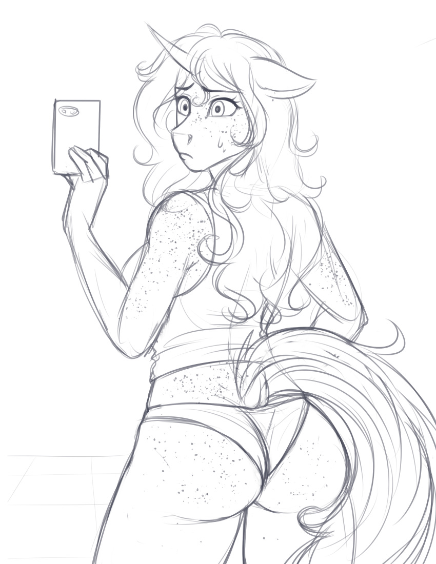 anthro askbubblelee bubble_lee_(character) butt catnamedfish clothing cutie_mark equine fan_character female freckles hair hi_res horn mammal my_little_pony pose seaside solo unicorn
