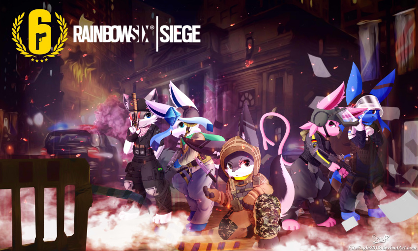 2018 armor bandit_(disambiguation) building canine car caveira clothing doc dog eeveelution espeon glaceon gun handgun helmet iradeon jager kapkan knife male mammal mocha_the_espeon neroj nintendo paper pistol pok&eacute;mon pok&eacute;mon_(species) rainbow_six:_siege ranged_weapon sean_(senz) senz sitting smoke standing submachine_gun suit vehicle video_games weapon wolf