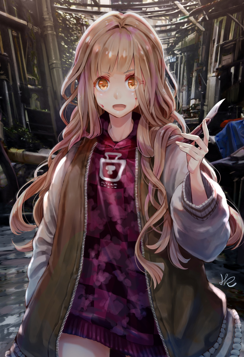 :d absurdres blood blood_on_face brown_eyes brown_hair commentary_request eyes_visible_through_hair hair_intakes hand_up highres holding holding_knife hood hoodie hoshizaki_reita jacket knife little_red_riding_hood_(sinoalice) long_hair long_sleeves looking_at_viewer open_mouth outdoors signature sinoalice smile solo