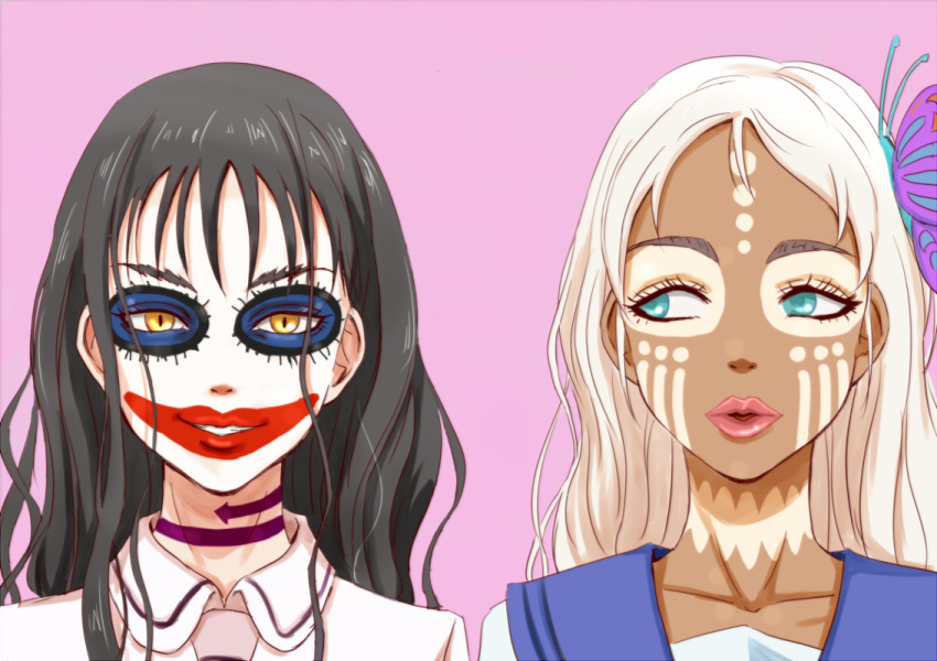 anbj asobi_asobase bangs black_hair blue_sailor_collar brown_eyes butterfly_hair_ornament closed_mouth collarbone collared_shirt green_eyes grin hair_between_eyes hair_down hair_ornament honda_hanako long_hair looking_at_another looking_at_viewer lord_of_pastimers makeup multiple_girls parted_lips pink_background sailor_collar school_uniform shirt sidelocks simple_background smile upper_body very_long_hair wavy_hair white_hair white_shirt