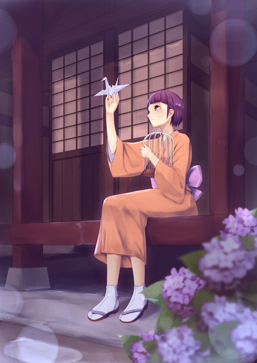 1girl absurdres arm_up bangs birdcage blunt_bangs blurry cage depth_of_field flower highres holding hydrangea japanese_clothes kimono obi orange_kimono origami original paper_crane parted_lips profile purple_eyes purple_hair rain sash semimegami short_hair shouji sidelocks sitting sliding_doors solo tabi veranda water_drop wide_sleeves zouri