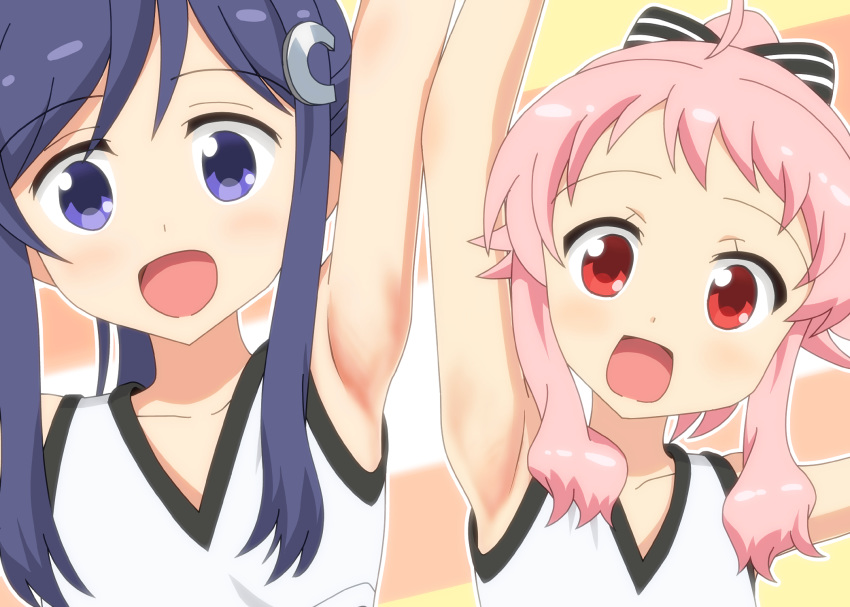 ahoge anima_yell! arima_hizume armpits arms_up blue_eyes blue_hair bow cheerleader collarbone eyebrows_visible_through_hair hair_bow hair_ornament hatoya_kohane highres long_hair multiple_girls ogyadya open_mouth pink_hair ponytail red_eyes sidelocks sleeveless smile