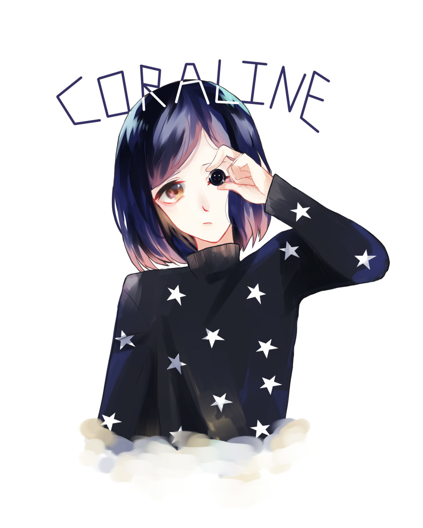 1girl blue_hair brown_eyes buttons character_name child coraline coraline_jones female simple_background single_button solo star white_background
