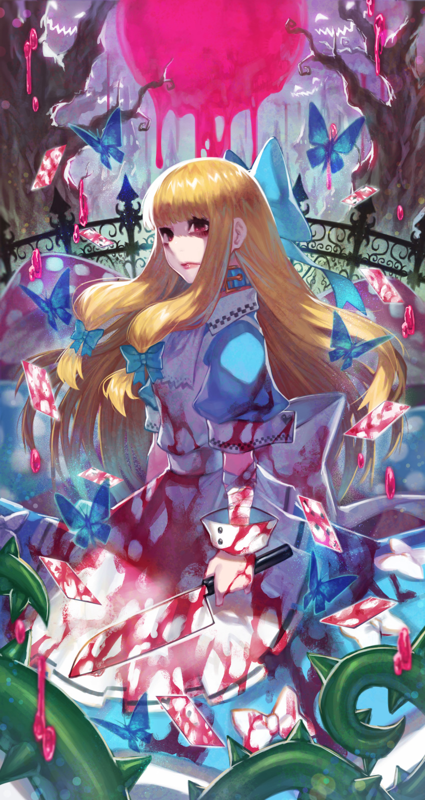 absurdres alice_(wonderland) alice_in_wonderland apron arm_wrap bandages bangs blonde_hair blood bloody_apron bloody_bandages bloody_clothes bloody_knife blue_bow blue_butterfly blue_dress blunt_bangs bow card closed_mouth commentary_request doku-chan_(dokkudokudoku) dress fence full_moon highres holding holding_knife kitchen_knife knife large_bow lips long_hair looking_at_viewer moon pink_eyes pink_moon playing_card thorns tree very_long_hair white_apron white_bow