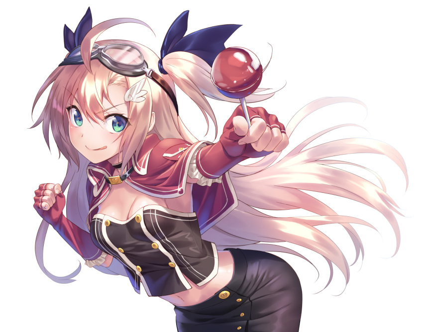 &gt;:p ahoge black_skirt blonde_hair blue_eyes blue_ribbon breasts cleavage clenched_hands elbow_gloves formation_girls gloves goggles goggles_on_head hair_ribbon highres holding_lollipop long_hair looking_at_viewer midriff navel olga_hodrewa partly_fingerless_gloves pink_gloves ribbon simple_background skirt small_breasts solo tenkuu_nozora tongue tongue_out two_side_up white_background