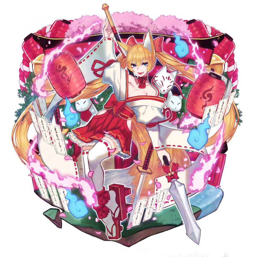 animal_ears bangs bare_shoulders bell blonde_hair blue_eyes bow breasts cat choker cleavage commentary_request doku-chan_(dokkudokudoku) fox_ears fox_mask fox_tail hair_between_eyes hair_bow highres japanese_clothes kimono lantern large_breasts long_hair long_sleeves looking_at_viewer mask miniskirt open_mouth original pink_petals platform_footwear puckered_lips red_bow red_choker red_footwear red_ribbon red_rope red_skirt ribbon ribbon-trimmed_legwear ribbon-trimmed_sleeves ribbon_choker ribbon_trim rope simple_background skirt solo sword tail thighhighs twintails very_long_hair weapon white_background white_cat white_kimono white_legwear zettai_ryouiki