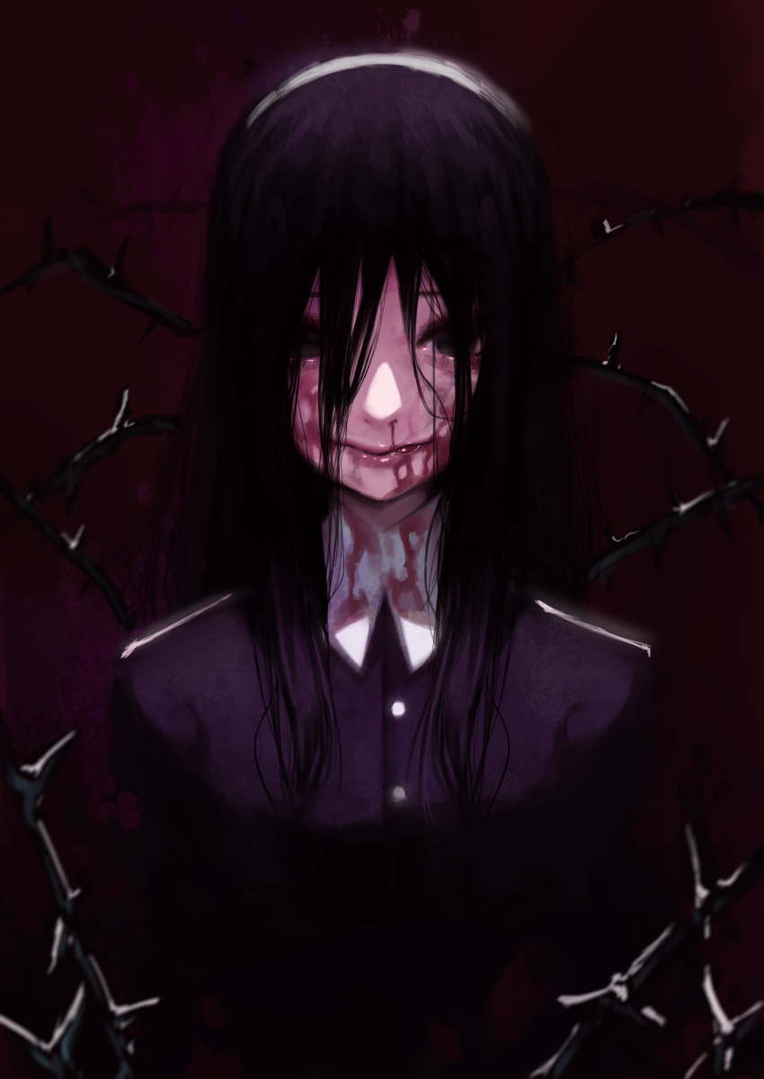 absurdres black black_eyes black_hair black_shirt blood blood_on_face bloody_clothes blurry closed_mouth depth_of_field doku-chan_(dokkudokudoku) hair_between_eyes heterochromia highres lips long_hair looking_at_viewer nosebleed original shirt solo upper_body