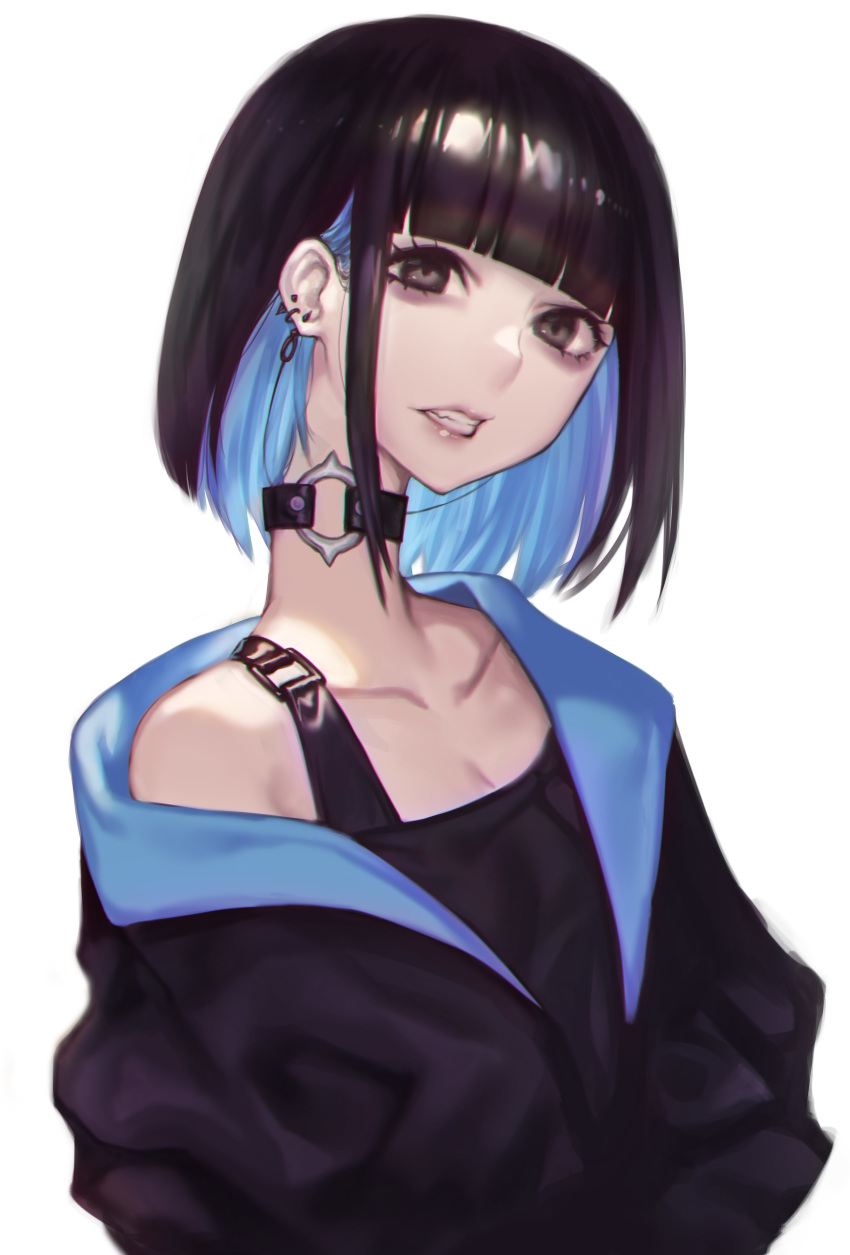 absurdres black_choker black_eyes black_hair black_jacket black_shirt breasts choker cleavage doku-chan_(dokkudokudoku) ear_piercing fang highres jacket long_neck looking_at_viewer multicolored_hair open_clothes open_jacket original parted_lips piercing shiny shiny_hair shirt short_hair simple_background small_breasts solo teeth two-tone_hair white_background
