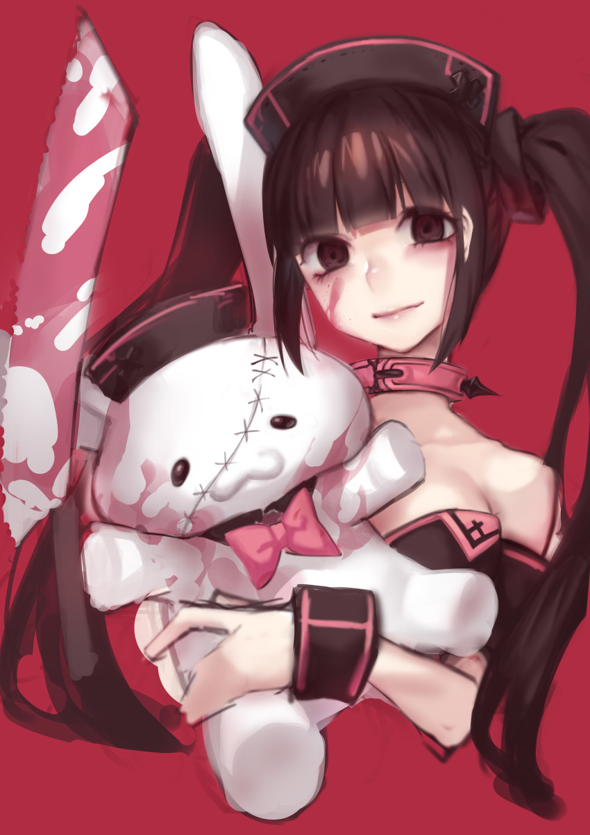 absurdres black_eyes black_hair black_hat bow choker closed_mouth cross doku-chan_(dokkudokudoku) hat highres long_hair looking_at_viewer original pink_bow pink_choker red_background simple_background solo spiked_choker spikes stuffed_animal stuffed_bunny stuffed_toy twintails
