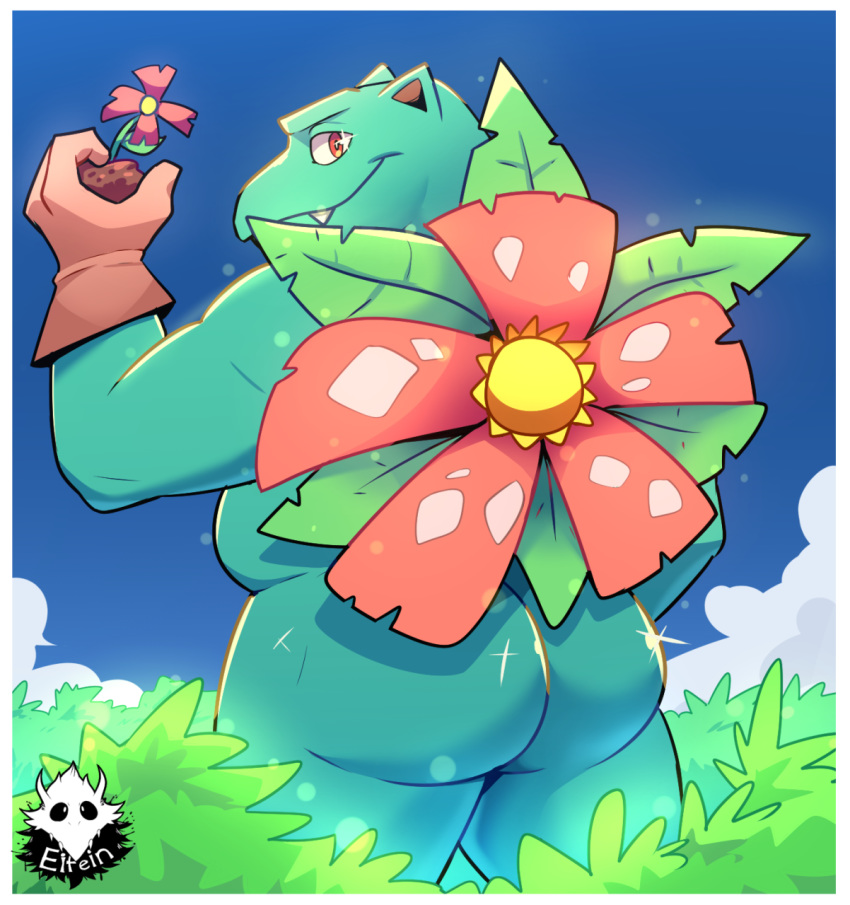 2018 anthro anthrofied barazoku belly big_butt biped butt clothing cloud detailed_background digital_media_(artwork) elfein fangs flora_fauna flower gardening gloves hi_res looking_at_viewer looking_back male musclegut muscular muscular_male nintendo nude outside overweight overweight_male plant pok&eacute;mon pok&eacute;mon_(species) pok&eacute;morph portrait presenting presenting_hindquarters rear_view red_eyes scalie shiny shiny_butt sky smile solo standing teeth thick_thighs three-quarter_portrait twinkle venusaur video_games