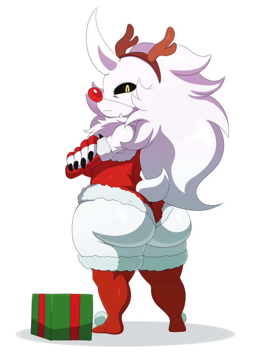 alien antlers big_butt black_nails black_sclera butt christmas colored_nails female fur hair hi_res holidays horn long_hair neck_fur null_(sssonic2) red_nose simple_background solo sssonic2 thick_thighs white_fur wide_hips