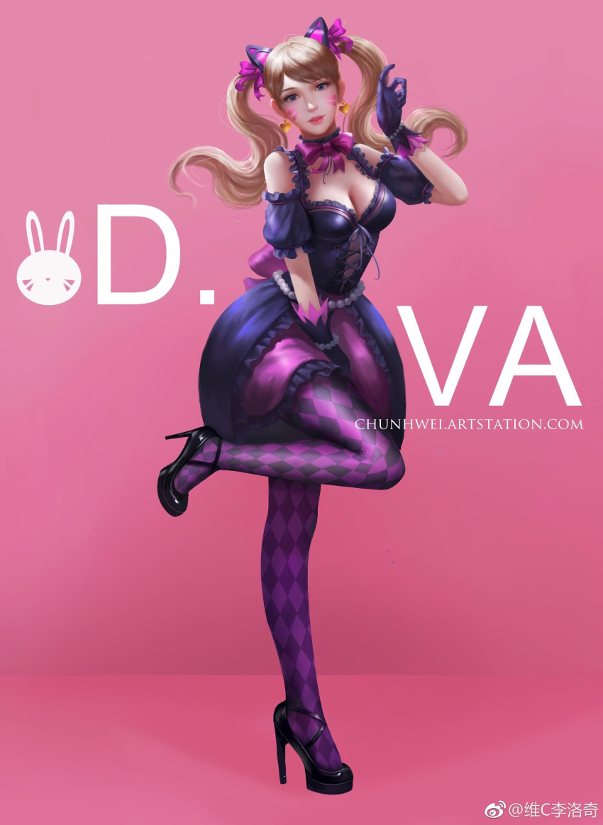 absurdres adapted_costume alternate_costume animal_ears argyle argyle_legwear artist_name bead_bracelet beads between_legs black_cat_d.va black_dress black_eyes black_footwear black_gloves blonde_hair bow bracelet breasts cat_ears chunhui_lee cleavage corset d.va_(overwatch) dress earrings facepaint frilled_skirt frills full_body gloves gradient gradient_background hand_between_legs heart heart_earrings high_heels highres jewelry lolita_fashion looking_at_viewer medium_breasts overwatch pink_background pink_bow pink_lips puffy_short_sleeves puffy_sleeves short_sleeves skirt solo standing standing_on_one_leg twintails watermark web_address whisker_markings