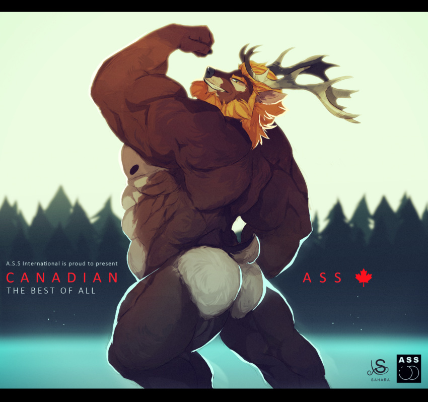 2016 abs anthro antlers biceps big_butt big_muscles butt canada cervine digital_media_(artwork) facial_hair flexing fur hair hi_res horn looking_at_viewer male mammal muscular muscular_male nipples nude pecs smile smirk solo text tree vetrowolf