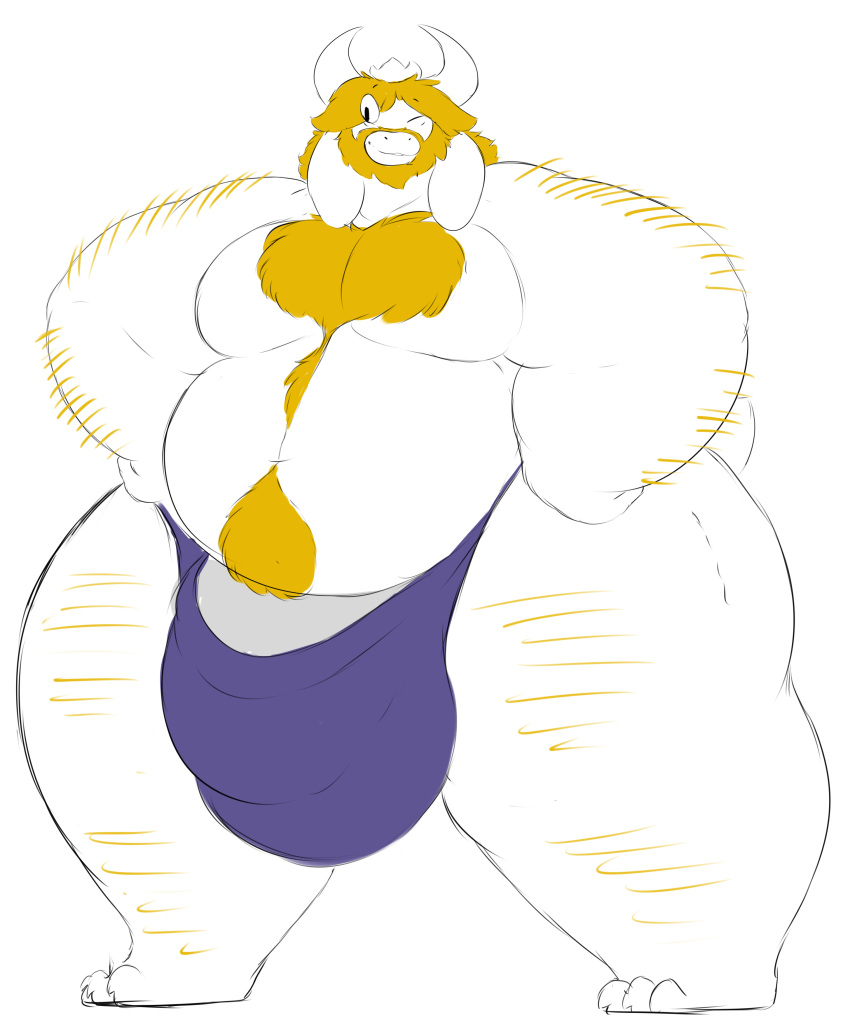 anthro asgore_dreemurr beard big_penis blonde_hair body_hair bulge caprine chest_hair clothing crown facial_hair fur goat hair hi_res horn huge_penis hyper male mammal mature_male overweight penis penis_base rakashama speedo swimsuit undertale video_games white_fur yellow_fur