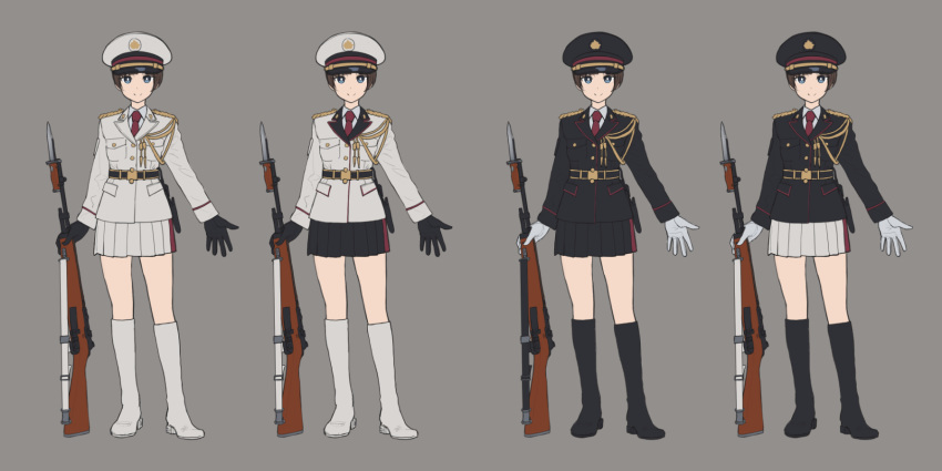 bayonet black_footwear black_gloves black_jacket black_skirt blue_eyes boots bright_pupils brown_hair closed_mouth collared_shirt commentary_request epaulettes genso gloves grey_background grey_gloves grey_jacket grey_shirt grey_skirt gun hat highres jacket knee_boots looking_at_viewer military military_hat military_uniform multiple_views necktie original peaked_cap pleated_skirt pose red_neckwear rifle shirt short_hair simple_background skirt smile uniform weapon white_footwear wing_collar