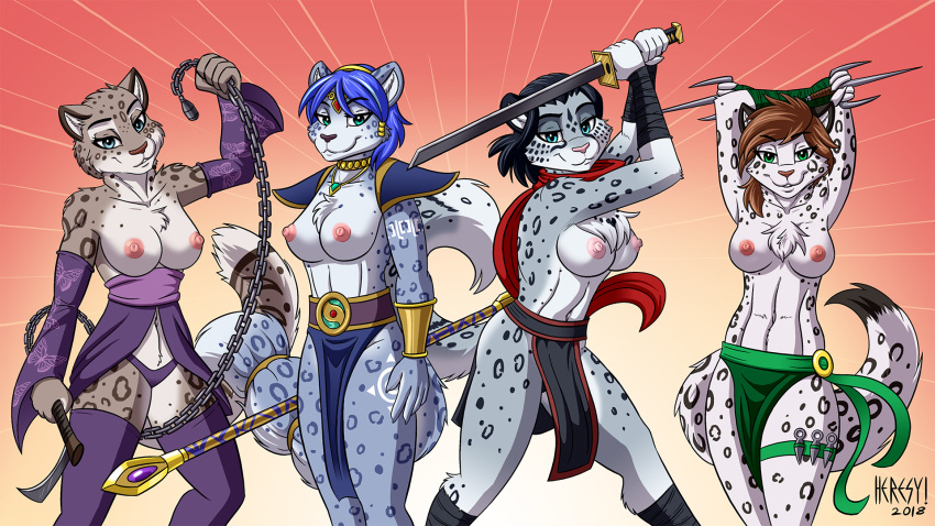 2018 adira_(twokinds) anthro areola big_breasts biped breasts canine chain chest_tuft cleavage clothed clothing disney fabienne_growley feline female fox fur group heresy_(artist) holding_object holding_weapon keidran krystal leopard loincloth looking_at_viewer mammal melee_weapon midriff nintendo nipples partially_clothed shuya_(chakatbombshell) simple_background skimpy smile smirk snow_leopard spots spotted_fur staff standing star_fox sword tuft twokinds video_games weapon whip zootopia