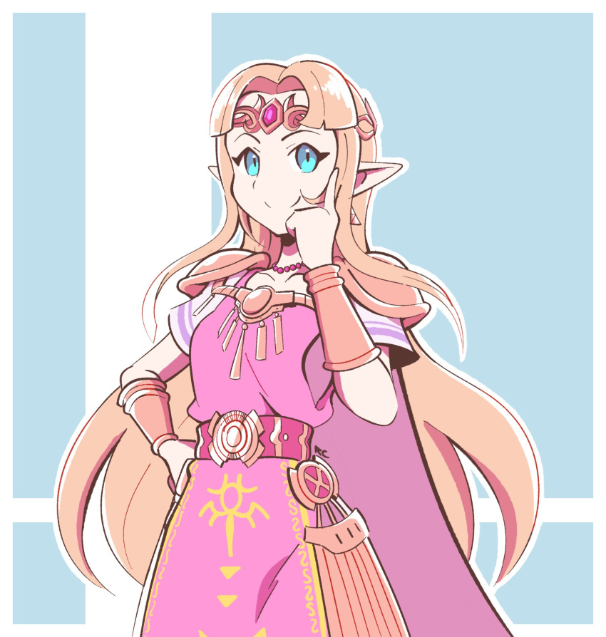 artsy-rc blonde_hair blue_eyes dress earrings gown highres jewelry long_hair looking_at_viewer pointy_ears princess_zelda simple_background solo super_smash_bros. super_smash_bros._ultimate the_legend_of_zelda the_legend_of_zelda:_a_link_between_worlds tiara triforce