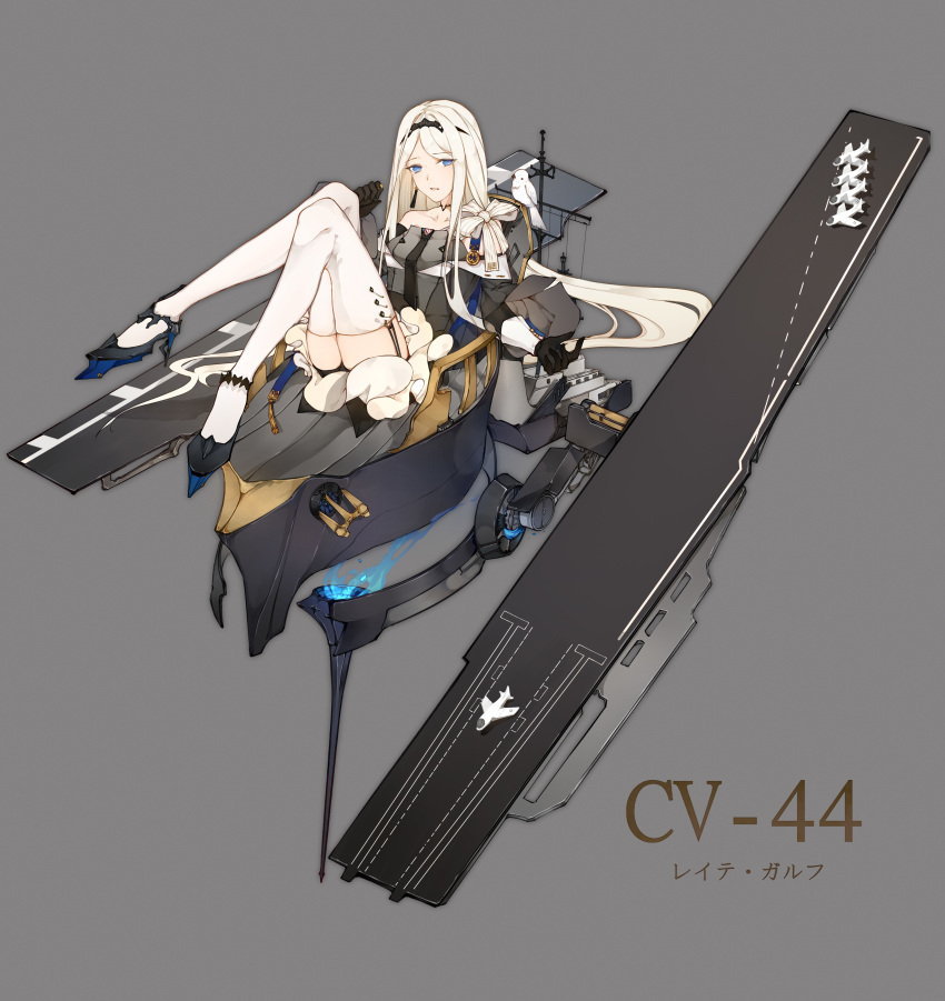 absurdres aircraft airplane animal bare_shoulders bird_on_back black_footwear black_gloves blue_eyes bow circlet earrings full_body garter_straps gloves grey_background high_heels highres jewelry jingzhongyin knees_up long_hair looking_at_viewer medal sitting solo steelblue_mirage very_long_hair white_bird white_bow white_hair white_legwear zhan_jian_shao_nyu