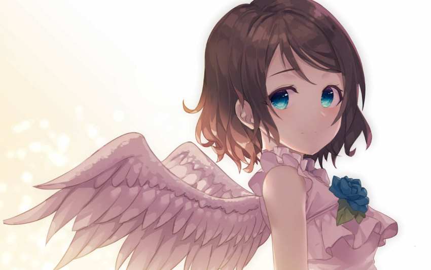 angel angel_wings bangs bare_arms blue_eyes blue_flower breasts brown_hair dress flower frilled_shirt frills gradient gradient_background kyouou_ena love_live! love_live!_sunshine!! medium_breasts shirt short_hair sleeveless watanabe_you wings