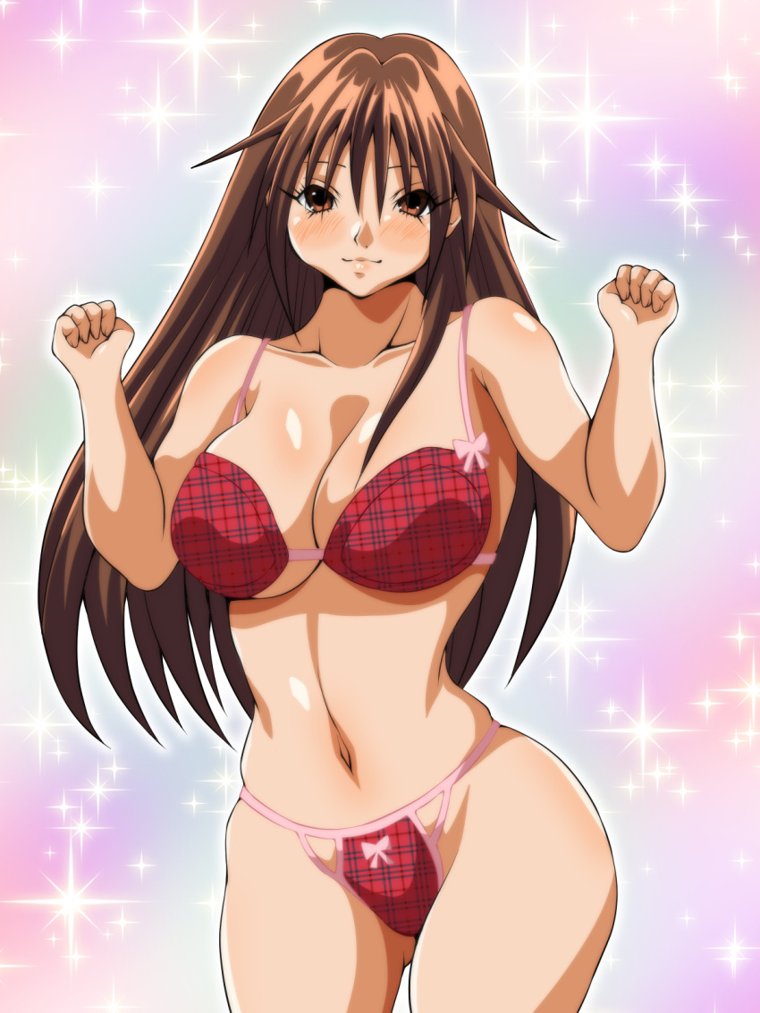 00s 1girl blush bra breasts brown_eyes brown_hair cleavage eyes_visible_through_hair gluteal_fold ichigo_100_percent inabakun00 kitaooji_satsuki large_breasts long_hair looking_at_viewer matching_hair/eyes navel smile solo sparkle sparkle_background standing underwear