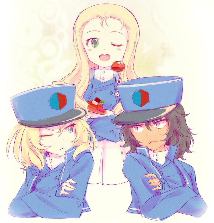 andou_(girls_und_panzer) angry bangs bc_freedom_military_uniform black_hair blonde_hair blue_eyes blue_hat blue_jacket blue_vest brown_eyes cake closed_mouth commentary cropped_torso crossed_arms dark_skin dress_shirt drill_hair emblem food fork frown girls_und_panzer green_eyes hat high_collar highres holding holding_fork jacket kosame_koori long_hair long_sleeves looking_at_another looking_at_viewer looking_back marie_(girls_und_panzer) medium_hair messy_hair military military_hat military_uniform miniskirt no_legs one_eye_closed open_mouth oshida_(girls_und_panzer) plate pleated_skirt shako_cap shirt skirt smile standing traditional_media uniform v-shaped_eyebrows vest white_shirt white_skirt