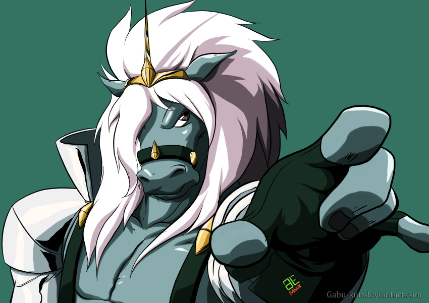 angry bravestarr brown_eyes clothed clothing coat equine fingerless_gloves gazzycakes gloves hair horse jewelry long_hair male mammal mane muscular one_eye_covered pointing straps_across_chest thirty_thirty topless