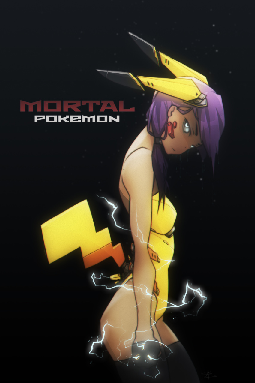 black_gloves black_legwear breasts clenched_hand commentary cyborg dark_skin electricity english_commentary from_side gen_1_pokemon gloves grey_sclera hair_over_shoulder highleg highleg_leotard highres leotard looking_at_viewer mecha_musume mechanical_ears mechanical_tail medium_hair personification pikachu pikachu_ears pikachu_tail pokemon pokemon_ears purple_hair slivokuch small_breasts solo strapless strapless_leotard tail thighhighs white_eyes yellow_leotard