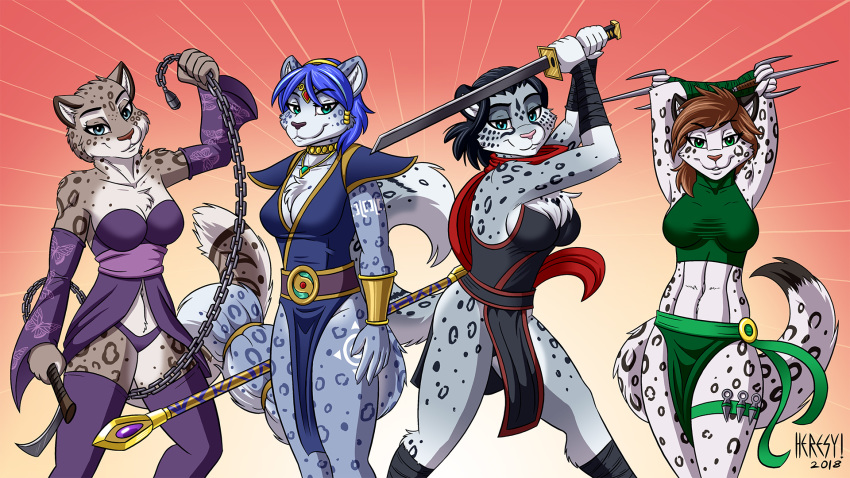 2018 adira_(twokinds) anthro big_breasts biped breasts canine chest_tuft cleavage clothed clothing disney fabienne_growley feline female fox fully_clothed fur group heresy_(artist) holding_object holding_weapon keidran krystal leopard loincloth looking_at_viewer mammal melee_weapon midriff nintendo shuya_(chakatbombshell) simple_background skimpy smile smirk snow_leopard spots spotted_fur staff standing star_fox sword tuft twokinds video_games weapon whip zootopia