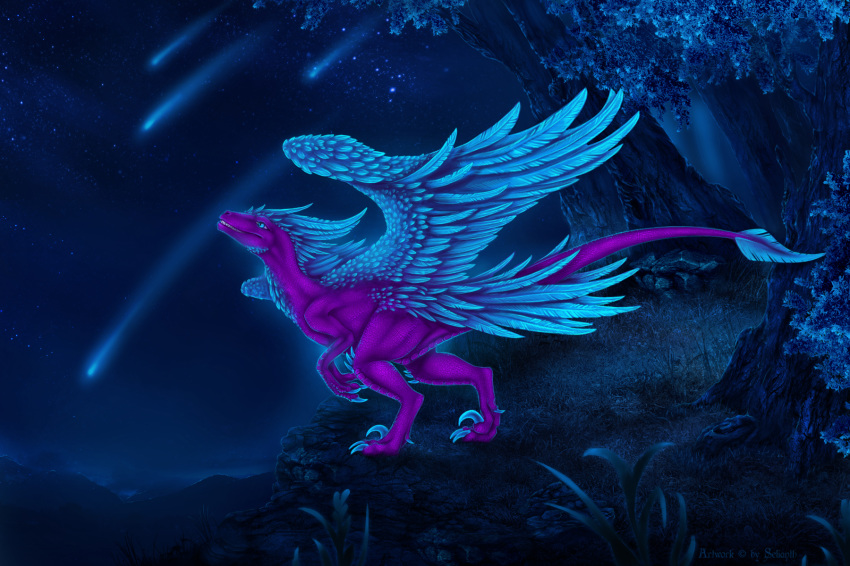 2018 ambiguous_gender blue_eyes blue_feathers detailed_background digital_media_(artwork) dinosaur feathered_wings feathers feral grass night outside purple_scales raptor scales selianth sky solo standing star starry_sky teeth theropod wings