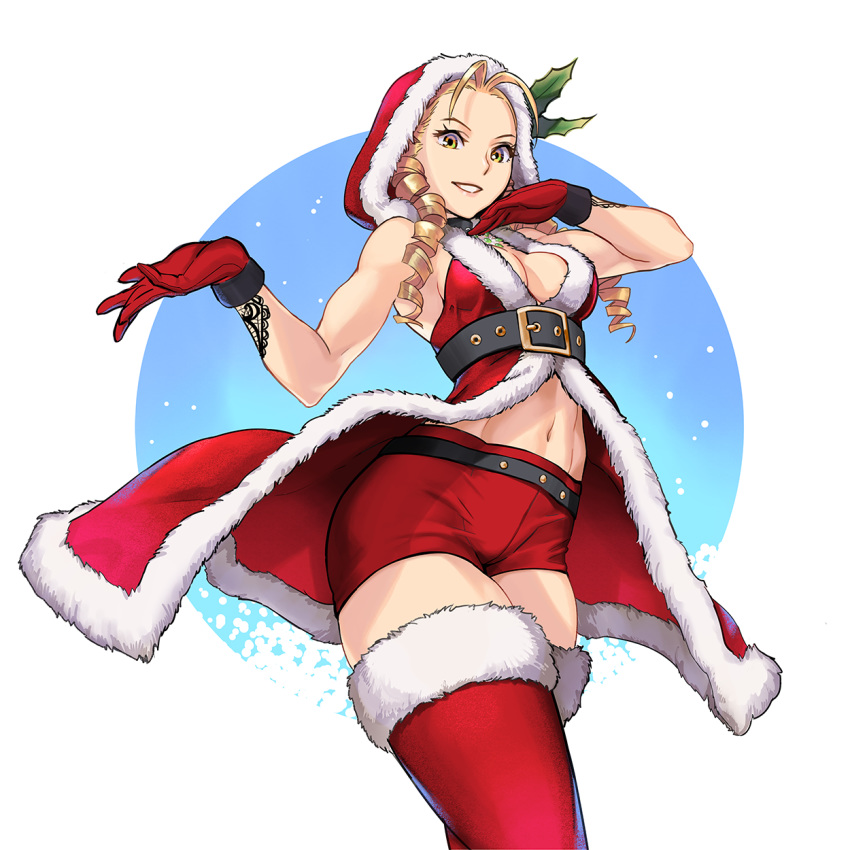 alternate_costume amados antenna_hair bare_shoulders blonde_hair boots breasts choker christmas cleavage curly_hair drill_hair fur_trim gloves green_eyes hair_ornament highres holly holly_hair_ornament hood kanzuki_karin medium_breasts midriff navel no_bra red_gloves red_hood red_legwear red_shorts ringlets shorts sleeveless street_fighter street_fighter_v thigh_boots thighhighs toned