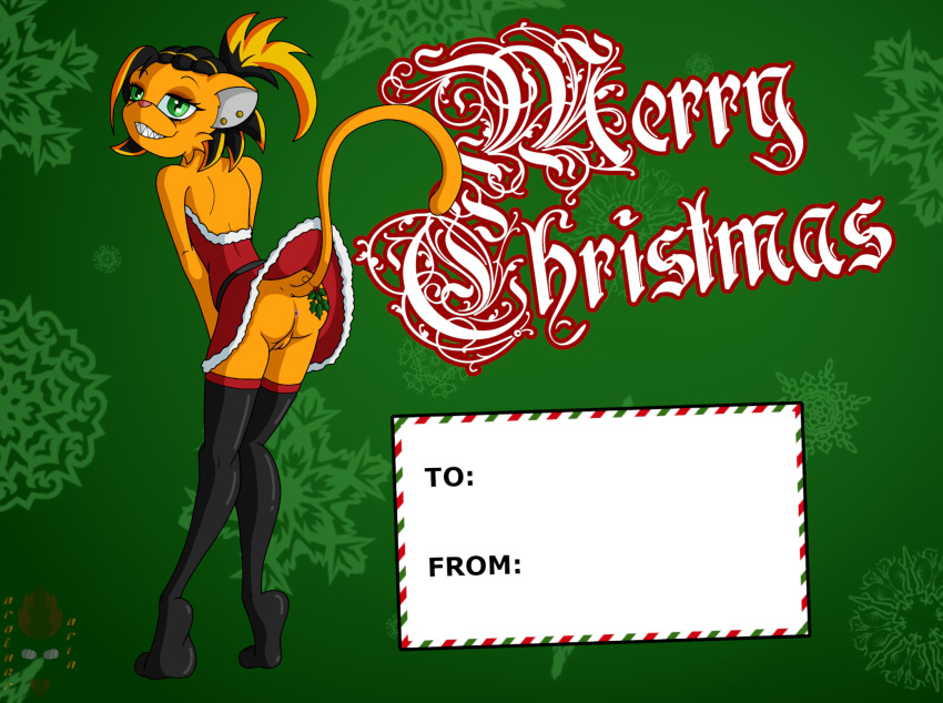 2018 alice(spellbound) anthro anus black_stockings butt cat christmas fan_character feline female hi_res holidays looking_at_viewer mammal mistletoe no_underwear orintakoda plant postcard presenting presenting_hindquarters presenting_pussy pussy solo teasing upskirt