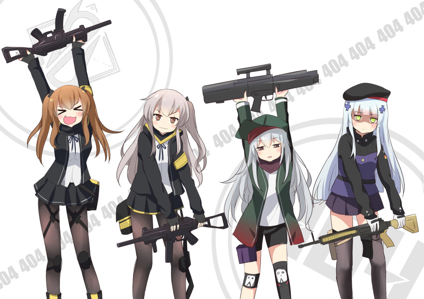 &gt;_&lt; 404_(girls_frontline) 404_logo_(girls_frontline) 4girls :3 :d absurdres agung_syaeful_anwar arms_up assault_rifle bangs beret black_bow black_gloves black_hat black_jacket black_legwear black_neckwear black_shorts black_skirt blunt_bangs blush bow brown_eyes brown_hair closed_eyes closed_mouth commentary cross_hair_ornament dancing empty_eyes english_commentary eyebrows_visible_through_hair facial_mark facing_viewer fang feet_out_of_frame fingerless_gloves g11 g11_(girls_frontline) girls_frontline gloves green_eyes green_hat green_jacket grey_hair gun h&amp;k_ump hair_between_eyes hair_bow hair_ornament half-closed_eyes hat heckler_&amp;_koch highres hk416 hk416_(girls_frontline) holding holding_gun holding_weapon http_status_code jacket knee_pads kono_subarashii_sekai_ni_shukufuku_wo! legs_apart light_blue_hair long_hair long_sleeves looking_at_viewer miniskirt multiple_girls neck_ribbon object_namesake one_side_up open_clothes open_jacket open_mouth pantyhose parody parted_lips peaked_cap pleated_skirt ribbon rifle scar scar_across_eye shaded_face shirt short_shorts shorts sidelocks silver_hair single_thighhigh skirt sleeves_past_wrists smile standing submachine_gun thighhighs tomorrow_(konosuba) twintails ump45_(girls_frontline) ump9_(girls_frontline) unamused v-shaped_eyebrows weapon white_gloves white_shirt xd zettai_ryouiki