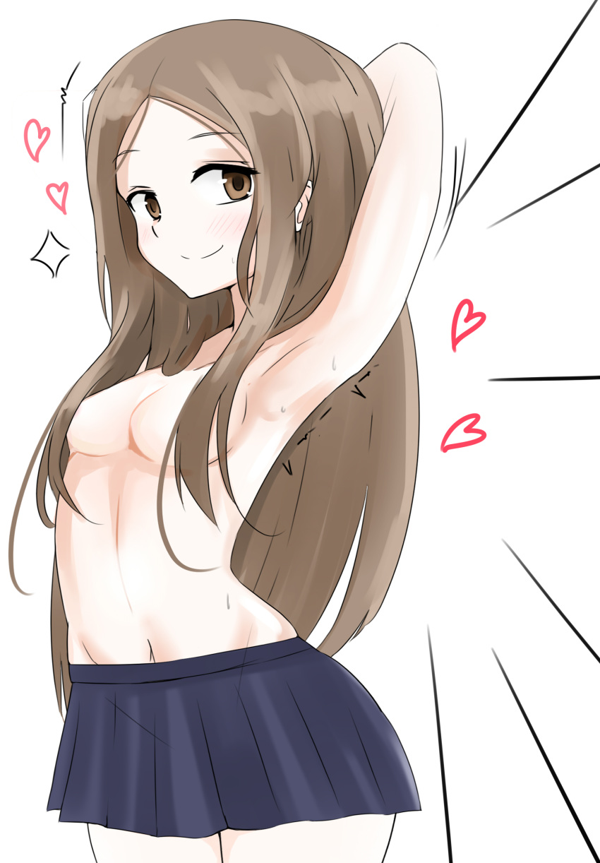 1girl armpits arms_behind_head arms_up blush breasts brown_eyes brown_hair convenient_censoring emphasis_lines free_chess hair_censor hair_over_breasts heart karakai_jouzu_no_takagi-san long_hair looking_at_viewer motion_lines naked_skirt navel simple_background skirt small_breasts smile solo standing sweat takagi-san topless trembling white_background